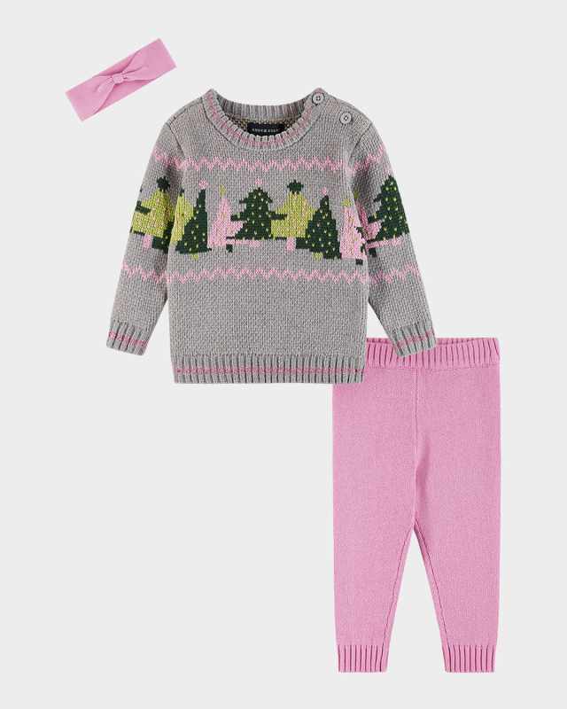 Girl's Sweater Christmas Tree Intarsia & Knit Pants Set, Size Newbor